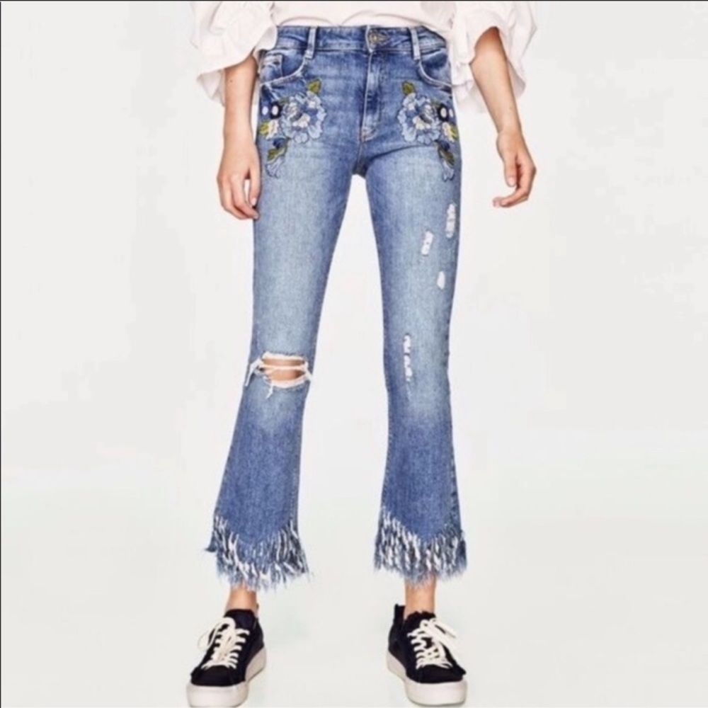 Zara floral embroidered flare denim